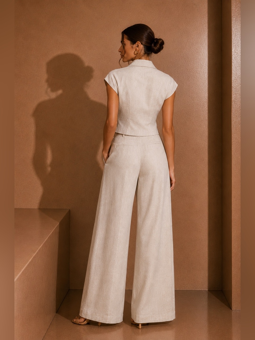 Commense Cream Wide-Leg Pants with Draped Crop Top - Picture 2 of 8